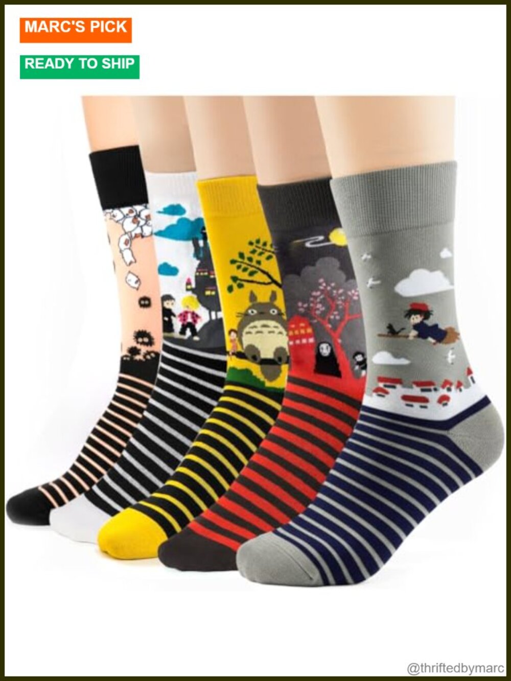 5 Pairs Cotton Blend Crew Socks Stripe Patterned Mid-Calf Women Size 5-11